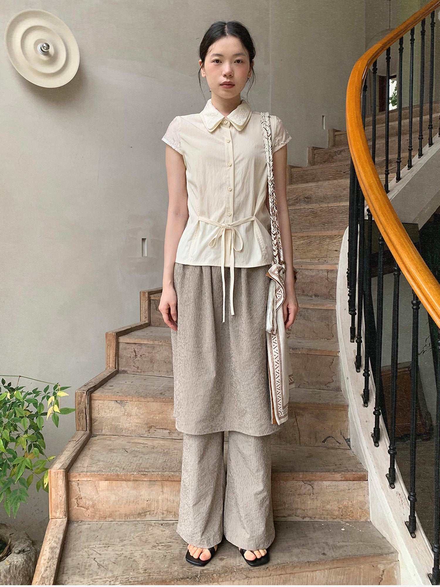 Dorydory Lace Paneled Double Collar Short Sleeve Shirt