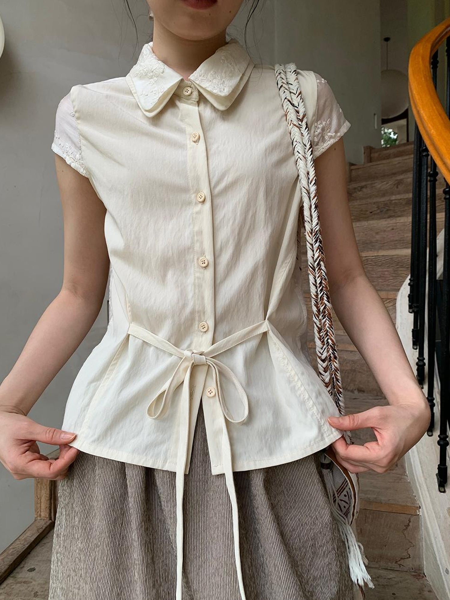 Dorydory Lace Paneled Double Collar Short Sleeve Shirt