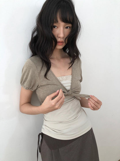 Dorydory Lace Tie Front Two Piece T Shirt Set Knitwear Women&