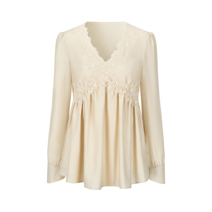 Dorydory_Lace_Trim_V-neck_Long_Sleeve_Waist_Tie_Women&