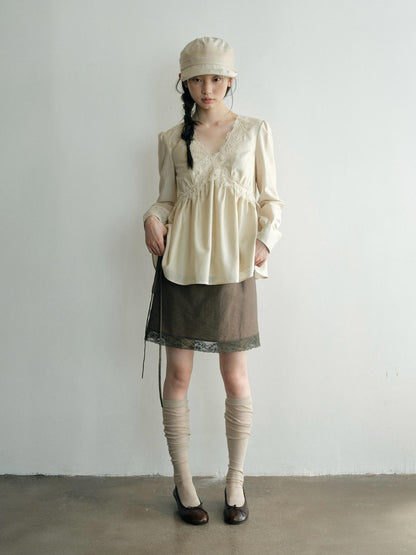 Dorydory Lace Trim V-neck Long Sleeve Waist Tie Women&