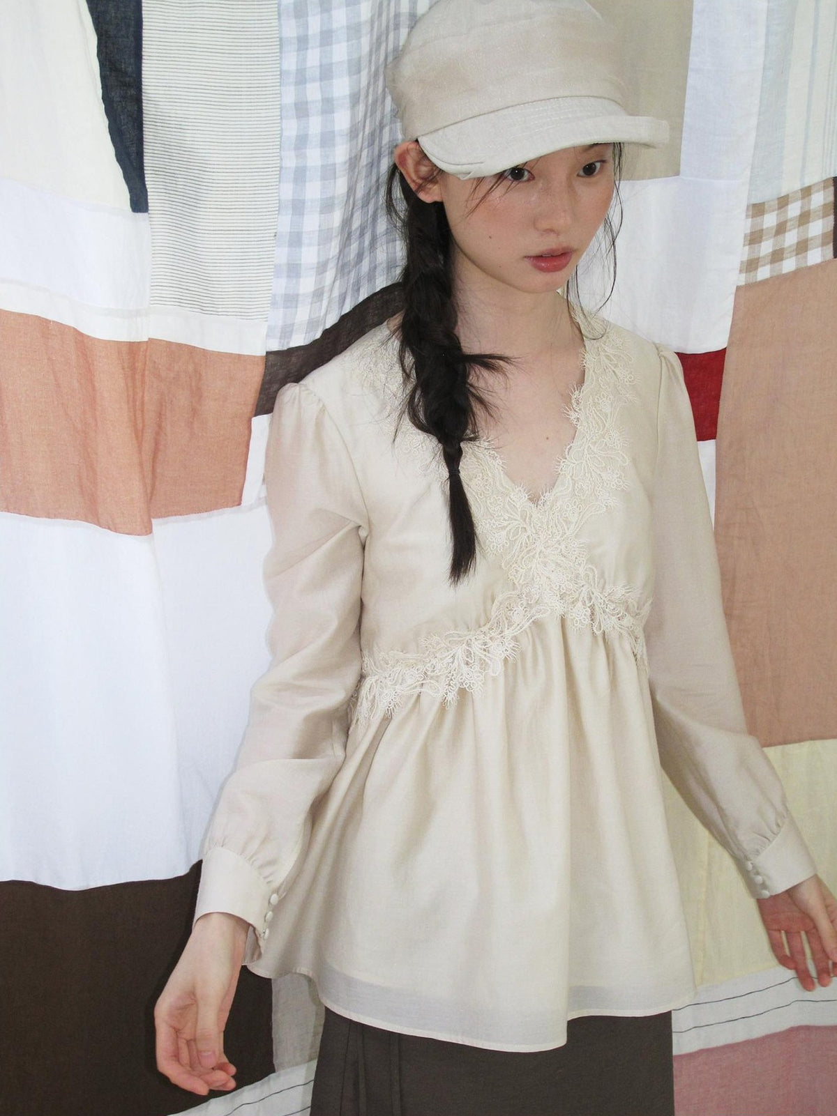 Dorydory Lace Trim V-neck Long Sleeve Waist Tie Women&