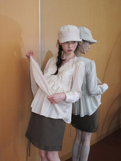 Dorydory Lace Trim V-neck Long Sleeve Waist Tie Women&