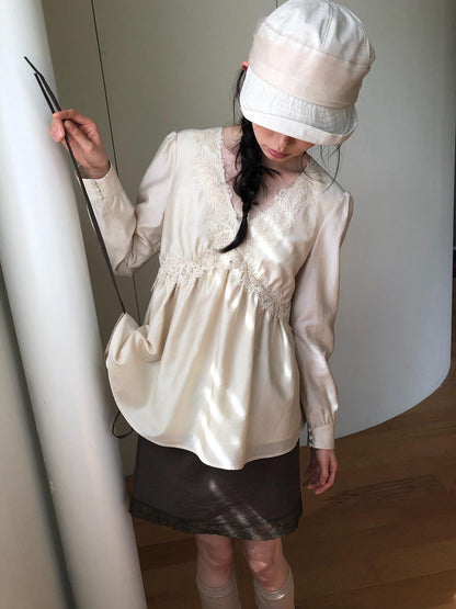 Dorydory Lace Trim V-neck Long Sleeve Waist Tie Women&