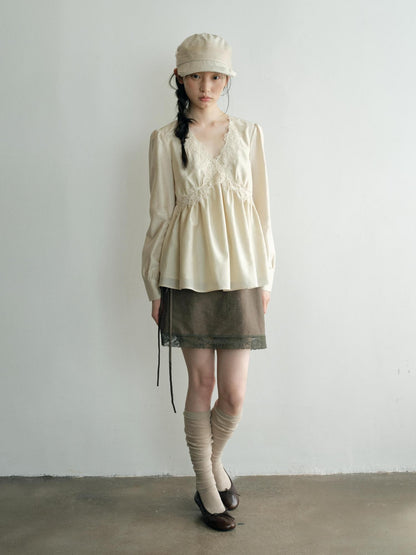 Dorydory Lace Trim V-neck Long Sleeve Waist Tie Women&