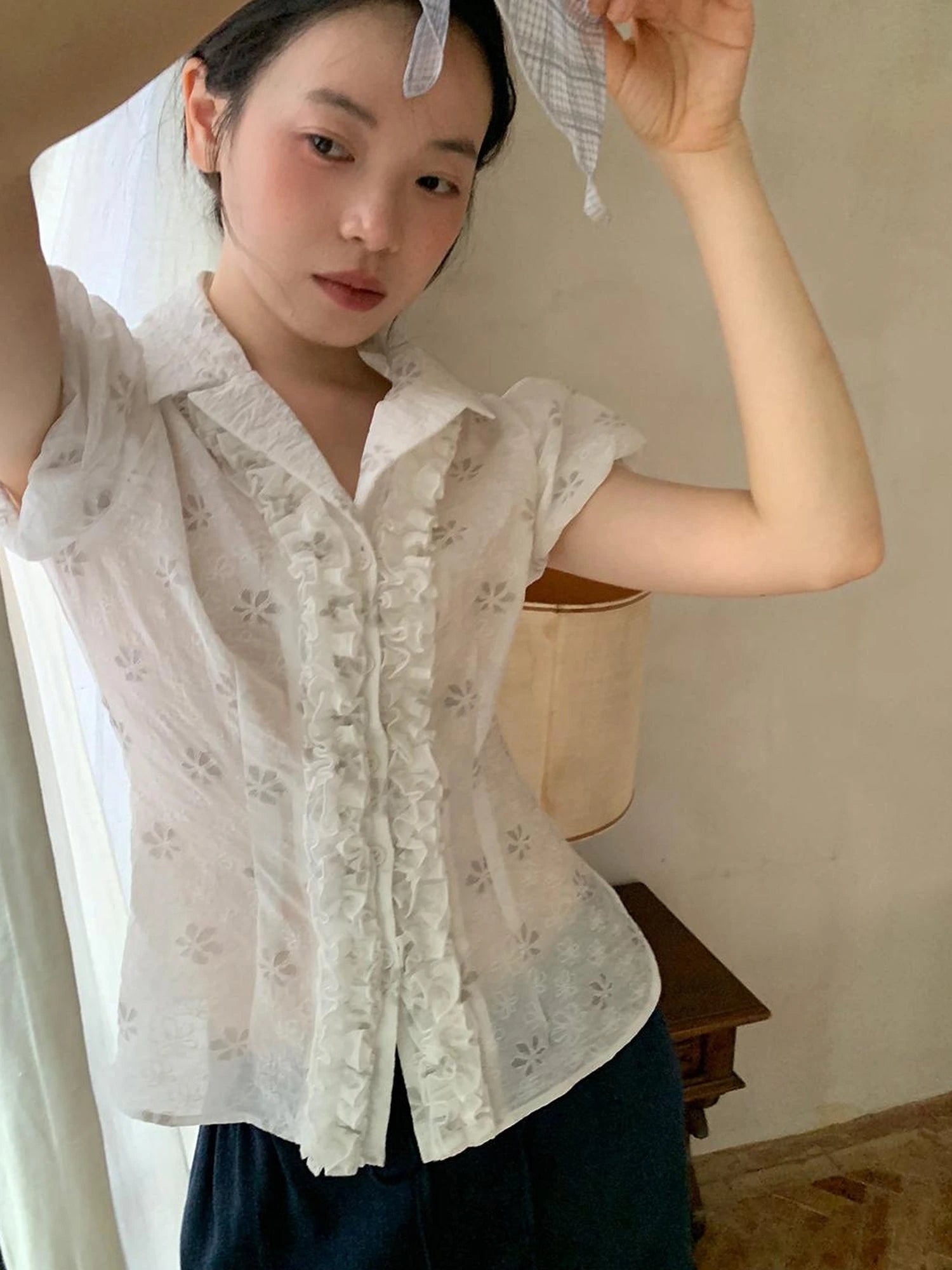 Lace Trimmed Floral Print Short Sleeve Blouse With Puff Sleeves