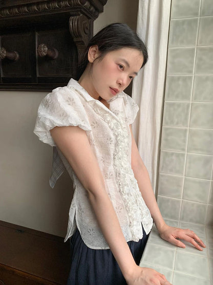 Lace Trimmed Floral Print Short Sleeve Blouse With Puff Sleeves