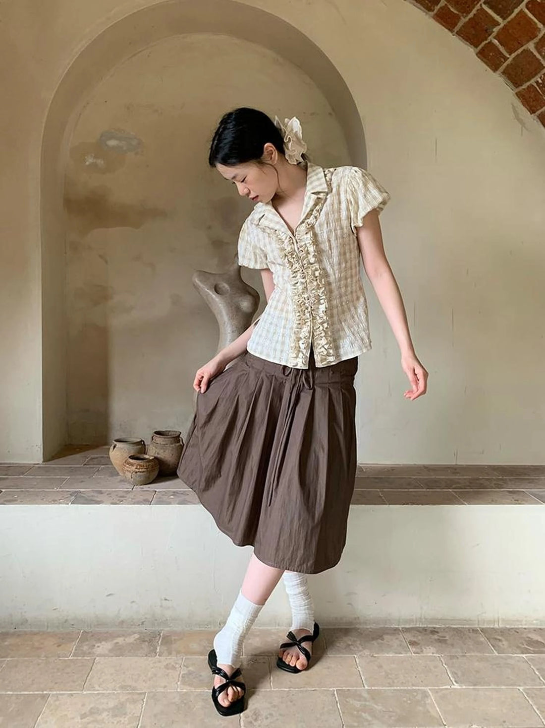 Lace Trimmed Floral Print Short Sleeve Blouse With Puff Sleeves