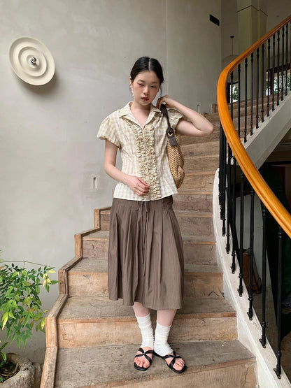 Lace Trimmed Floral Print Short Sleeve Blouse With Puff Sleeves