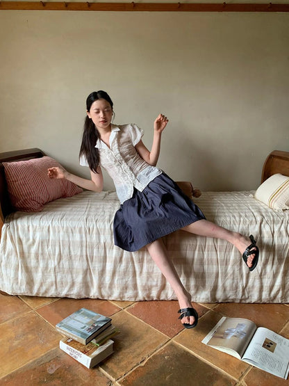 Lace Trimmed Floral Print Short Sleeve Blouse With Puff Sleeves