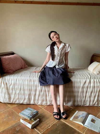 Lace Trimmed Floral Print Short Sleeve Blouse With Puff Sleeves