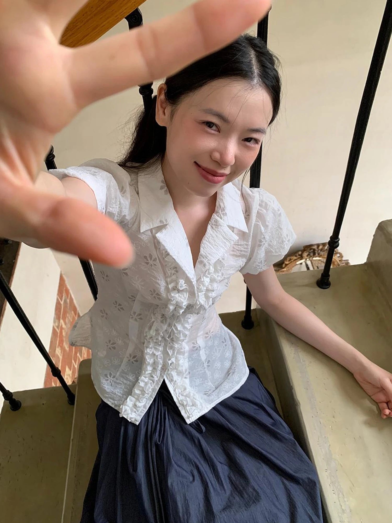 Lace Trimmed Floral Print Short Sleeve Blouse With Puff Sleeves