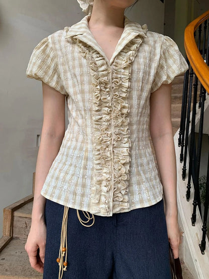 Lace Trimmed Floral Print Short Sleeve Blouse With Puff Sleeves