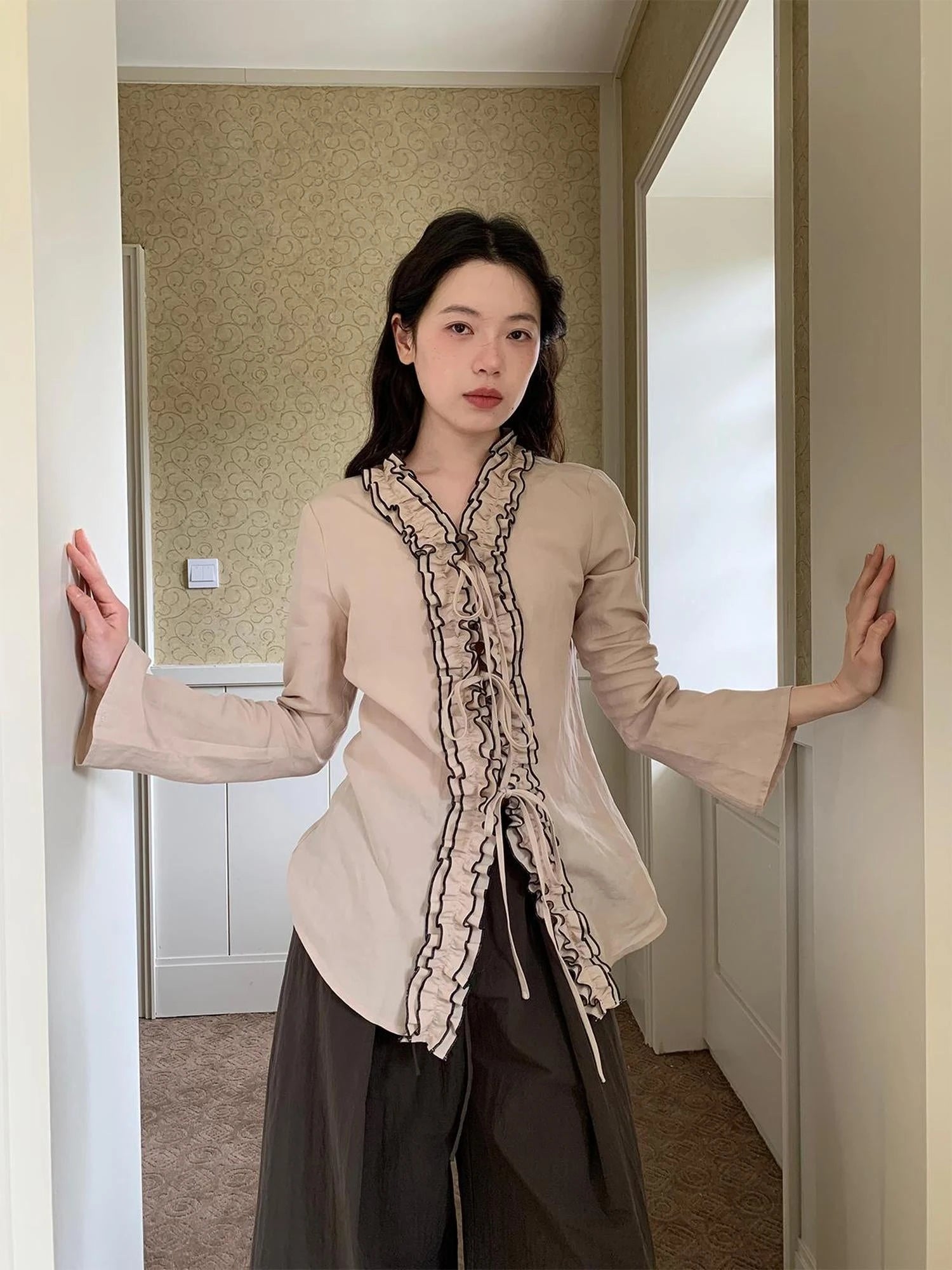 Lace Trimmed Tied Waist Linen Blend Shirt