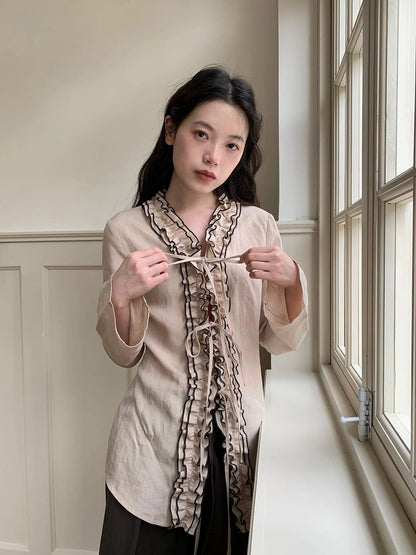 Lace Trimmed Tied Waist Linen Blend Shirt