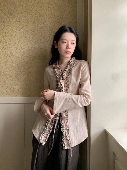 Lace Trimmed Tied Waist Linen Blend Shirt