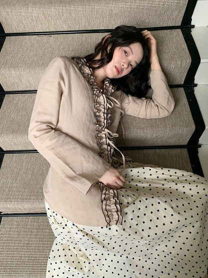 Dorydory Lace Trimmed Tied Waist Linen Blend Shirt