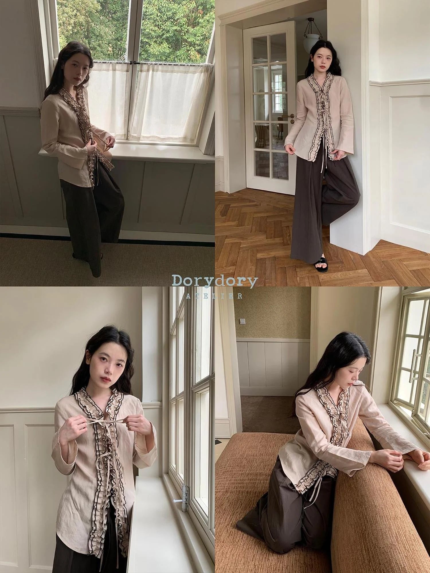 Lace Trimmed Tied Waist Linen Blend Shirt