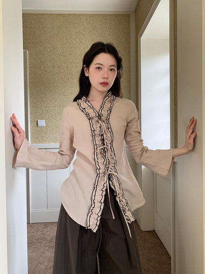 Dorydory Lace Trimmed Tied Waist Linen Blend Shirt