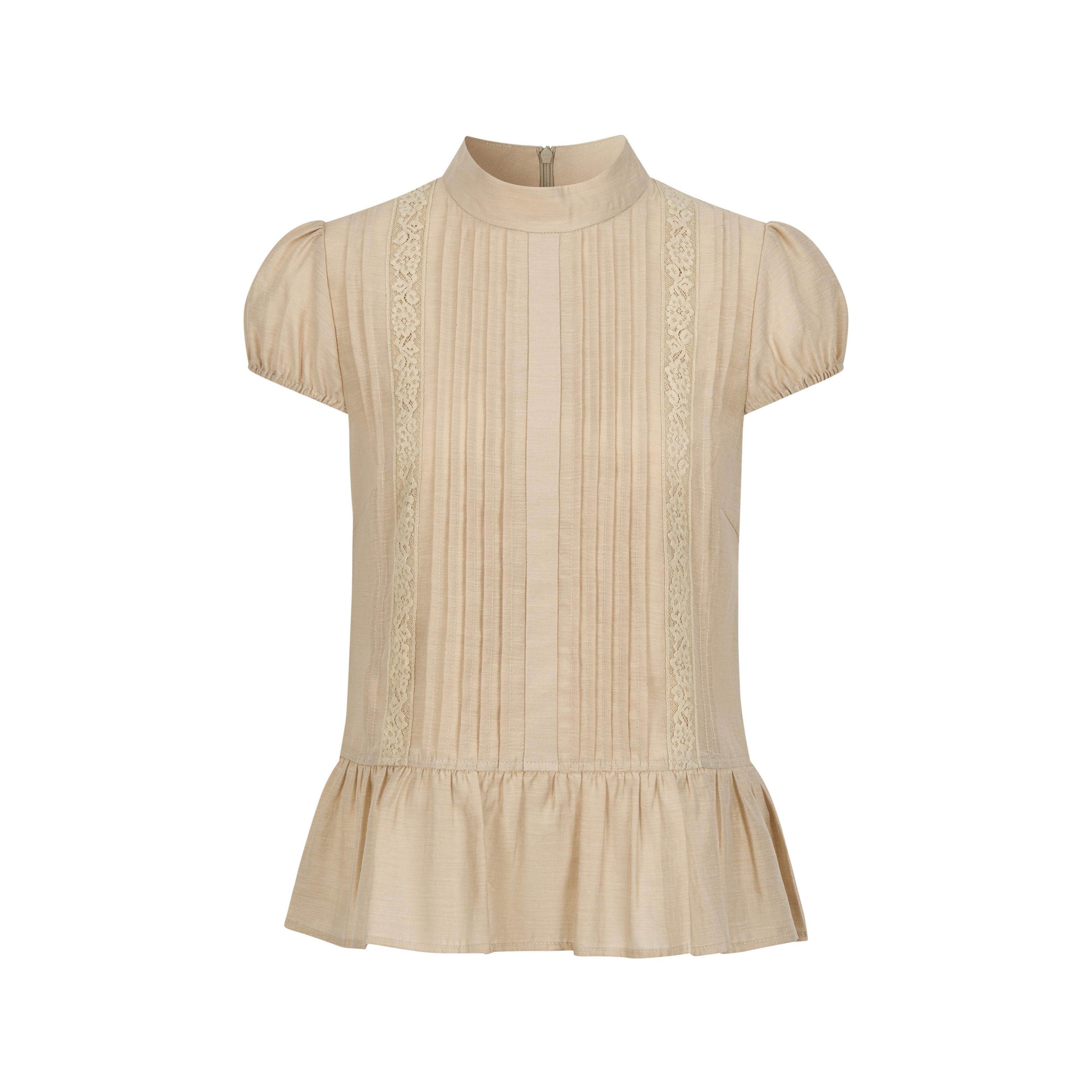 Dorydory_Lace_Tuck_Pleat_Half_High_Collar_Short_Sleeve_Women&