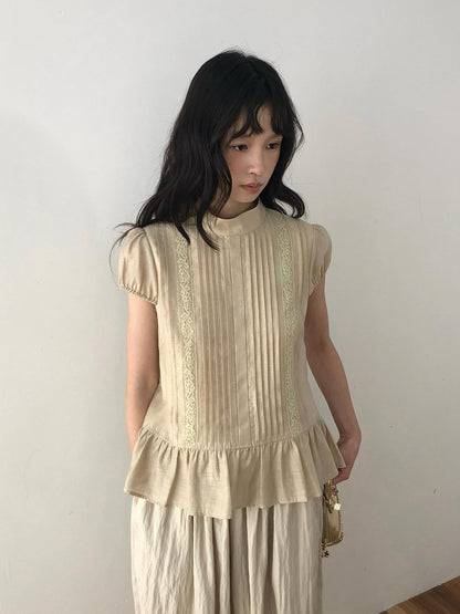 Dorydory Lace Tuck Pleat Half High Collar Short Sleeve Women&