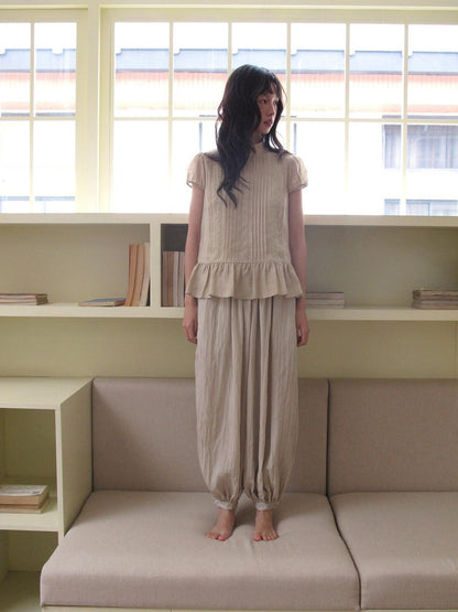 Dorydory Lace Tuck Pleat Half High Collar Short Sleeve Women&
