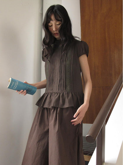 Dorydory Lace Tuck Pleat Half High Collar Short Sleeve Women&