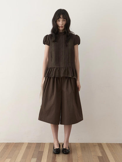 Dorydory Lace Tuck Pleat Half High Collar Short Sleeve Women&