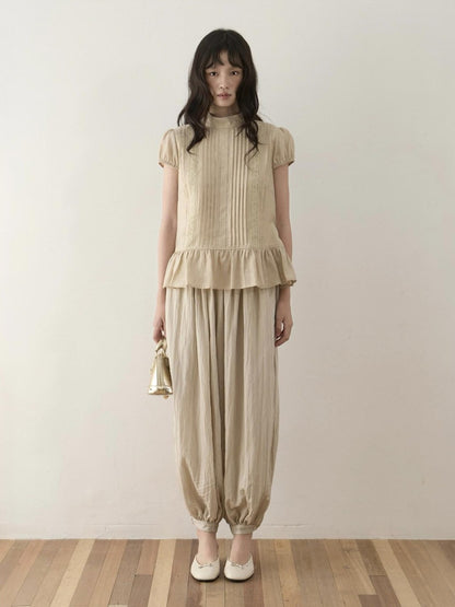 Dorydory Lace Tuck Pleat Half High Collar Short Sleeve Women&