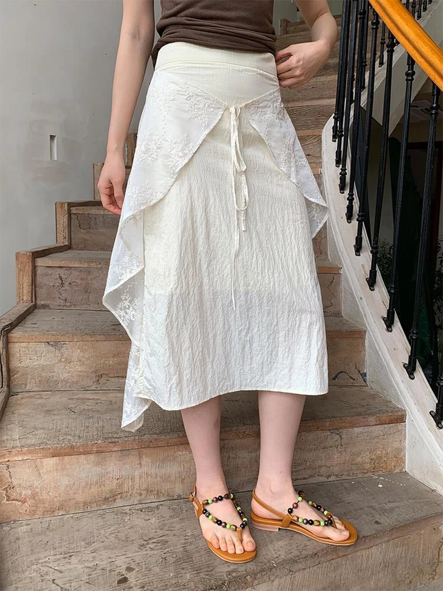 Layered Sheer Tulle Bow Tie Midi Skirt with Ruffle Hem