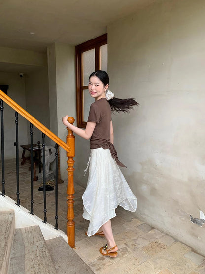 Layered Sheer Tulle Bow Tie Midi Skirt with Ruffle Hem