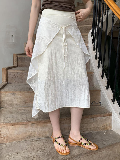 Dorydory Layered Sheer Tulle Bow Tie Midi Skirt with Ruffle Hem