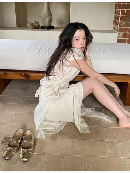 Layered Sheer Tulle Bow Tie Midi Skirt with Ruffle Hem