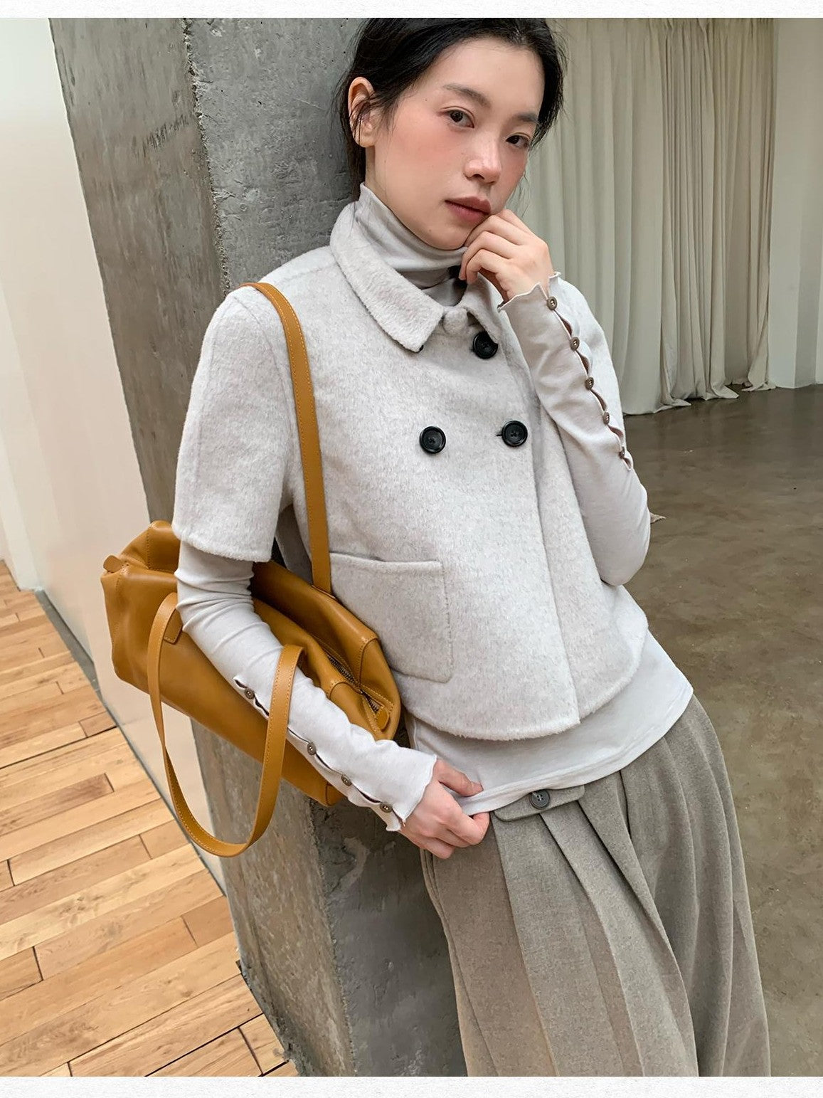 Dorydory Light Gray Cutout Cuff Slim Fit Wool Blend Women&