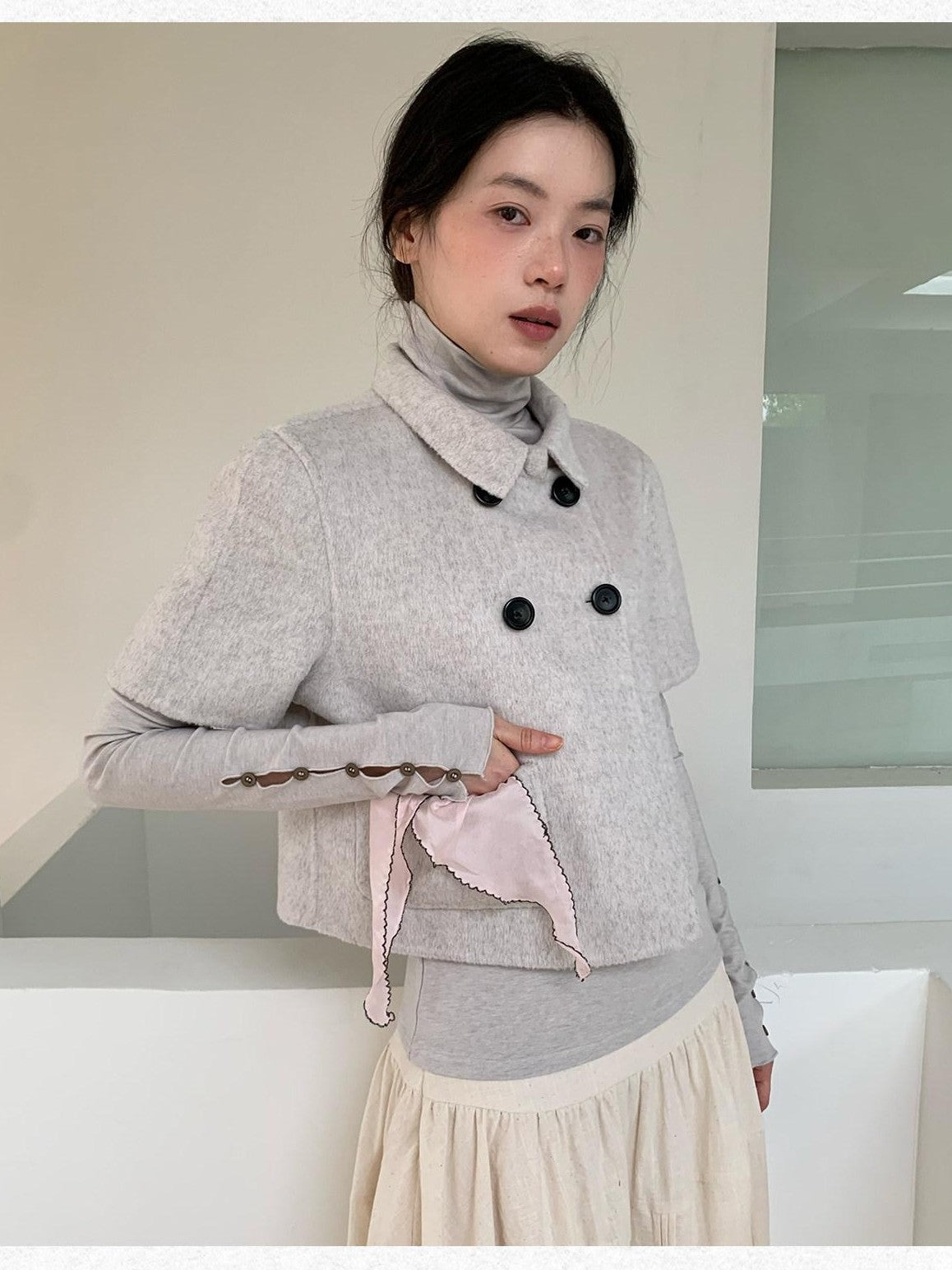 Dorydory Light Gray Double Breasted Lapel Women&