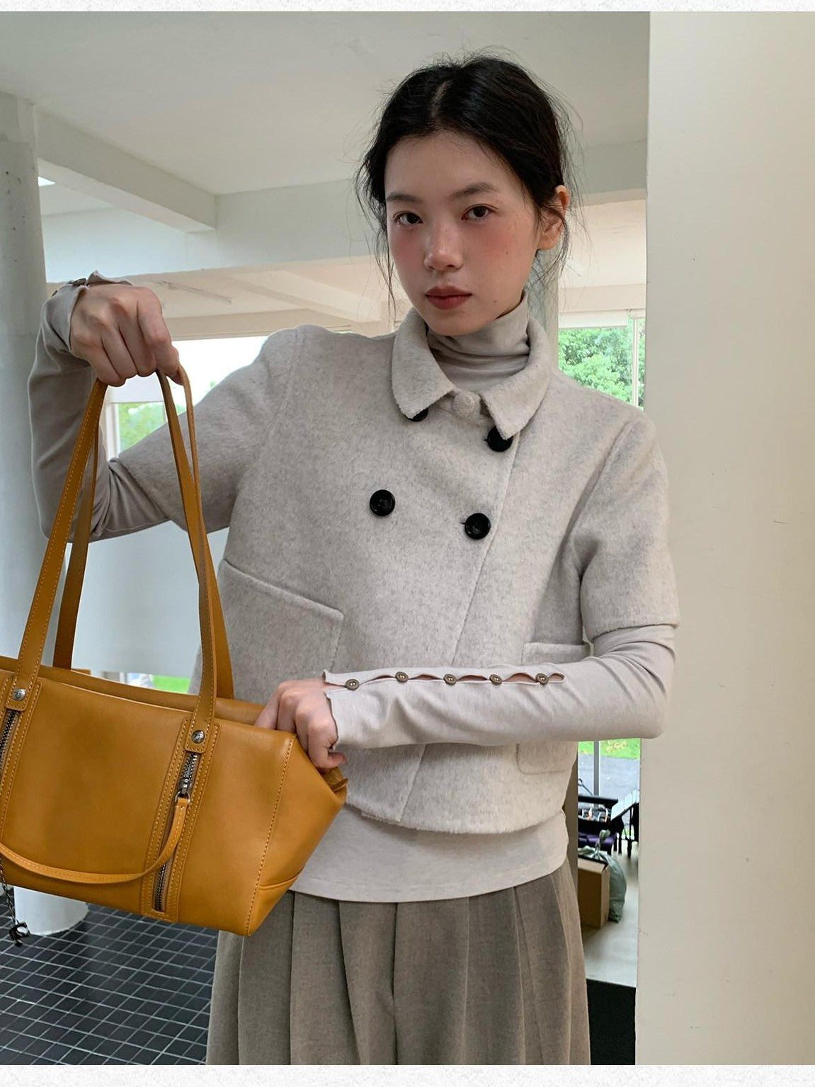 Dorydory Light Gray Double Breasted Lapel Women&