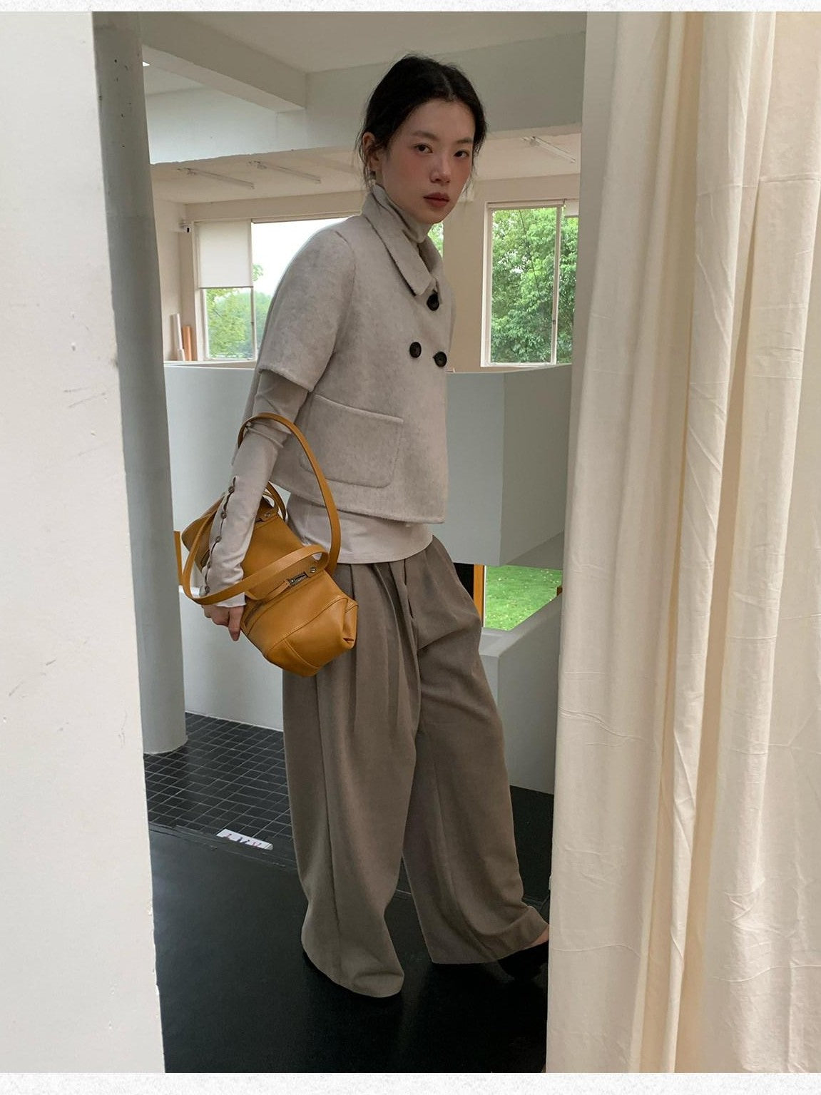Dorydory Light Gray Double Breasted Lapel Women&