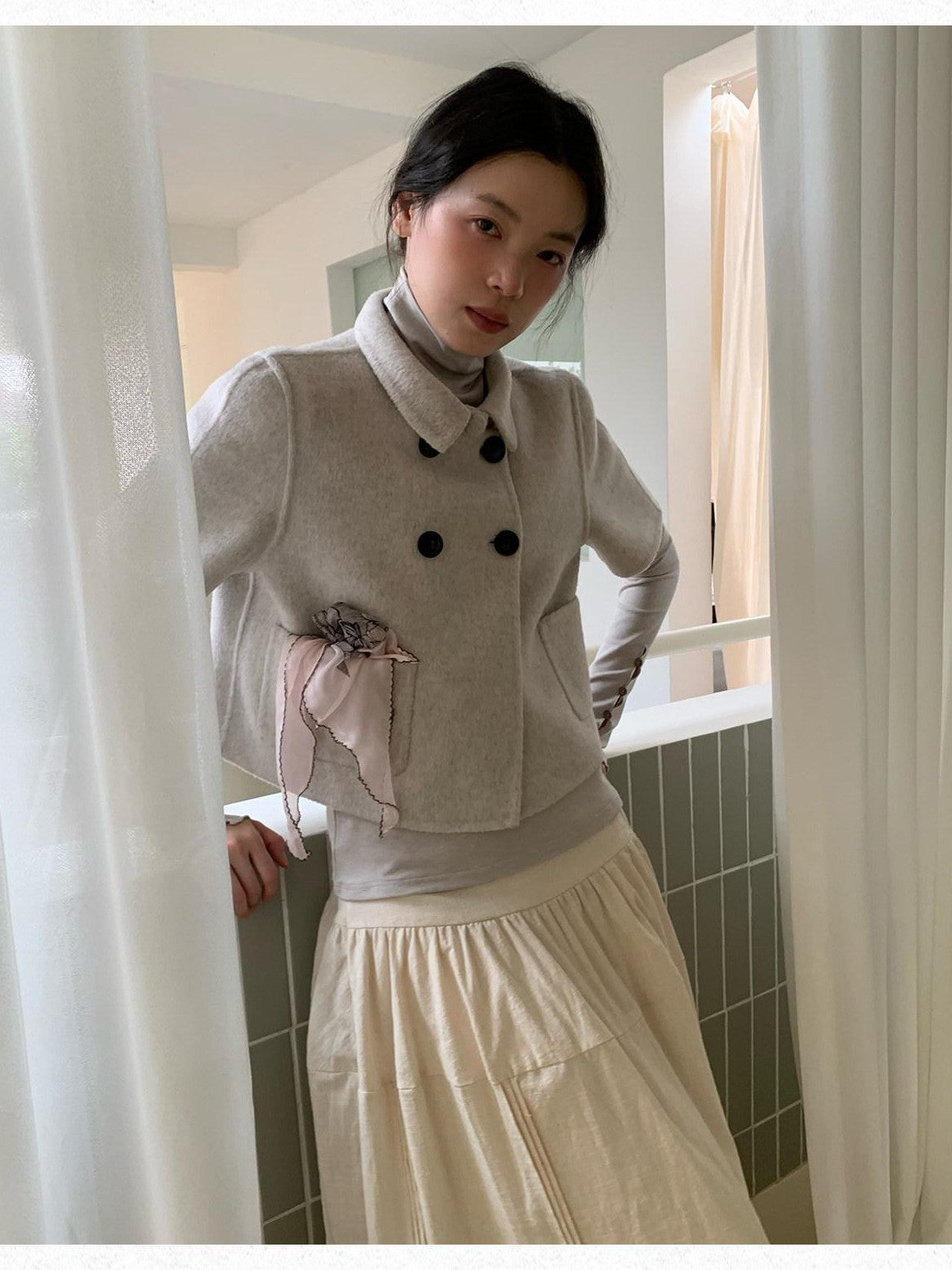 Dorydory Light Gray Double Breasted Lapel Women&