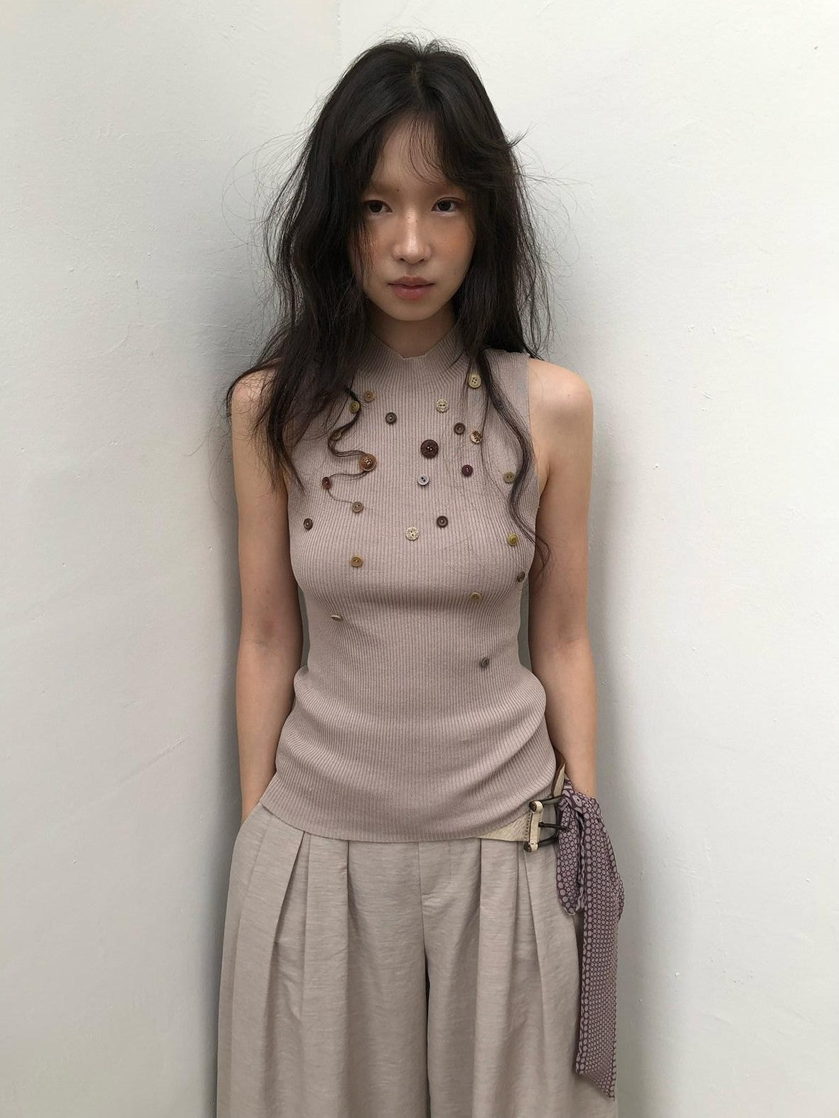 Dorydory Light Grey Purple Button Knit Women&