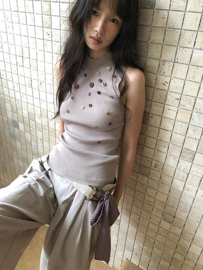 Dorydory Light Grey Purple Button Knit Women&