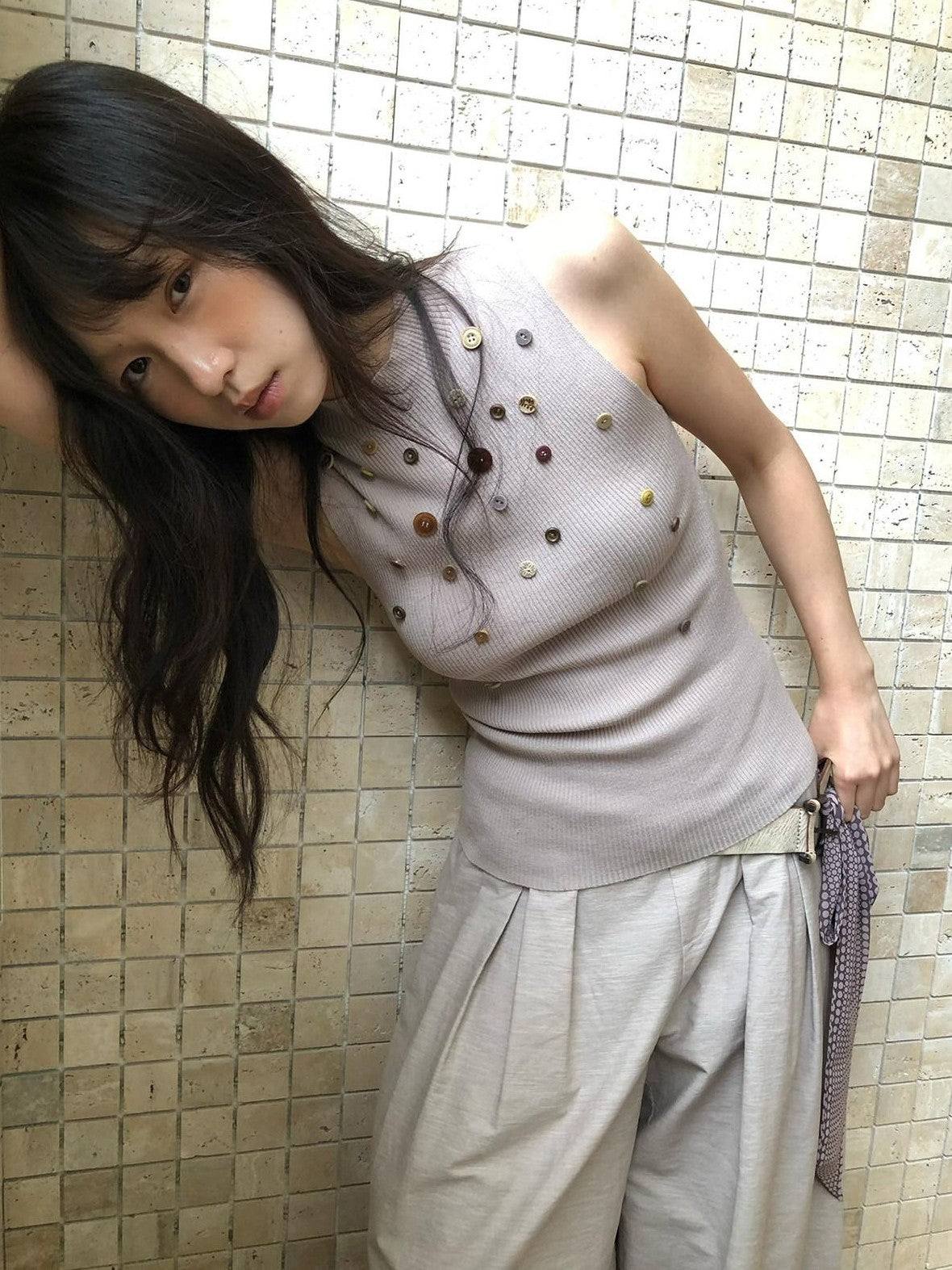Dorydory Light Grey Purple Button Knit Women&