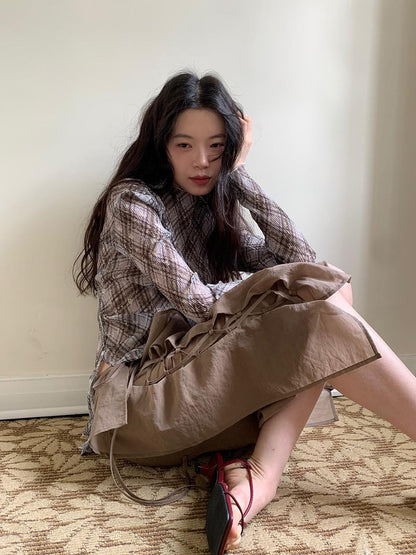 Dorydory Low Saturation Mocha Chiffon Wrap Hem Floral Skirt
