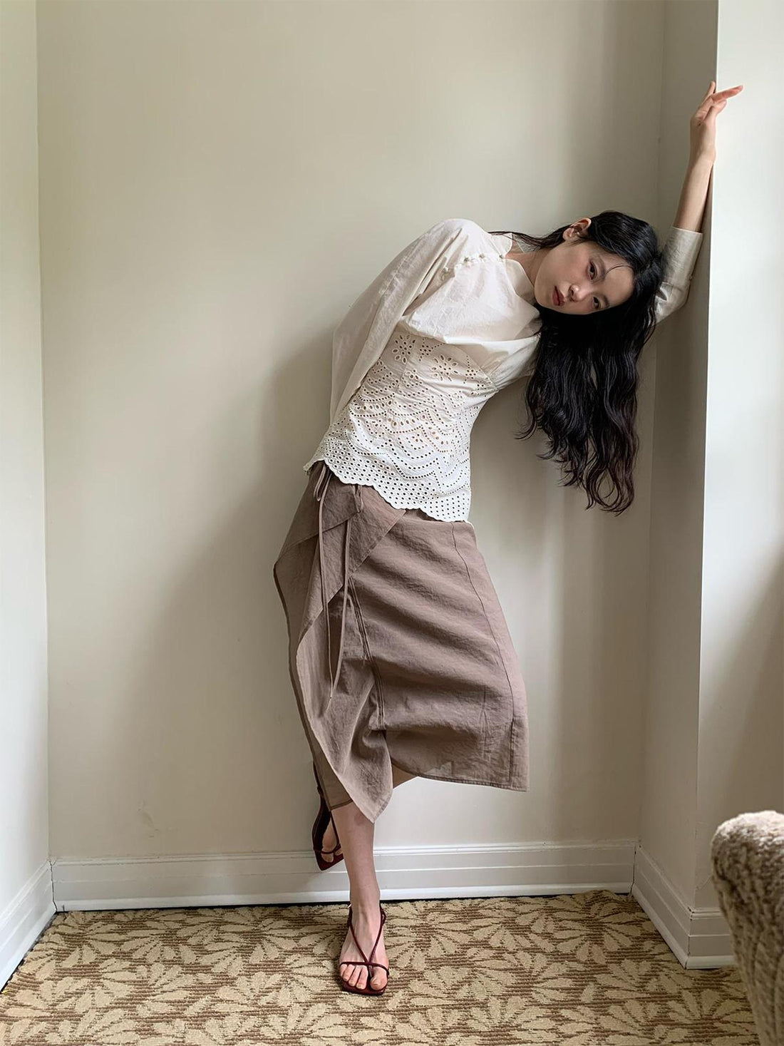 Dorydory Low Saturation Mocha Chiffon Wrap Hem Floral Skirt