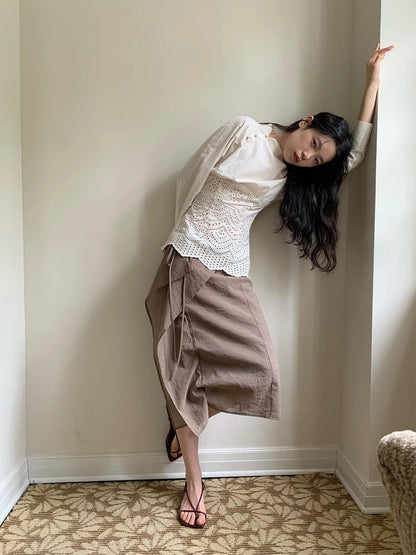 Low Saturation Mocha Chiffon Wrap Hem Floral Skirt