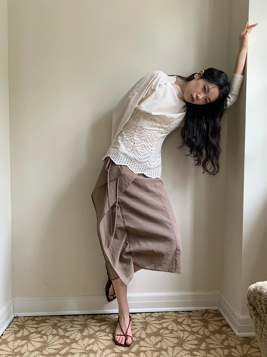 Low Saturation Mocha Chiffon Wrap Hem Floral Skirt