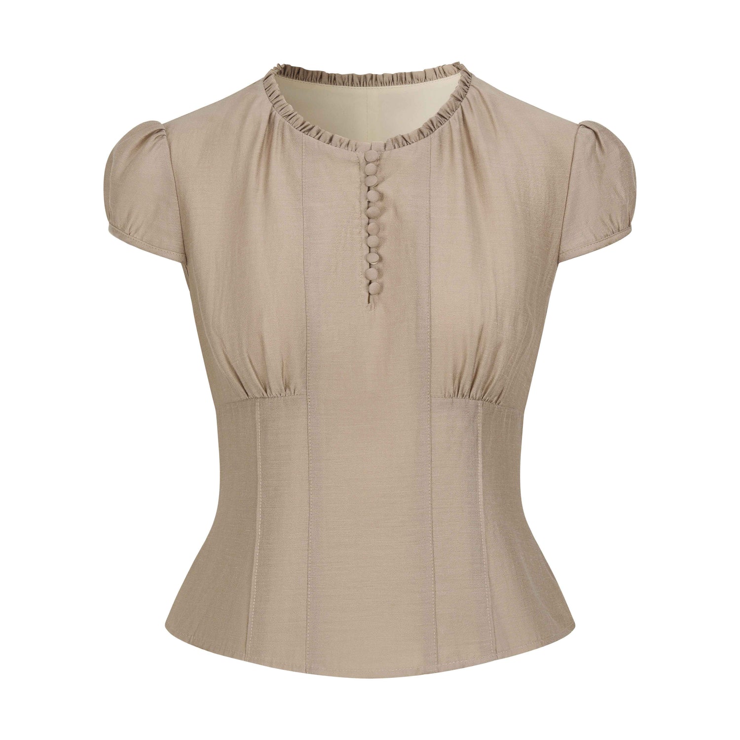 Dorydory_Milk_Tea_Puff_Sleeve_Waist_Cinch_Round_Neck_Women&