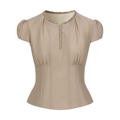 Dorydory_Milk_Tea_Puff_Sleeve_Waist_Cinch_Round_Neck_Women&