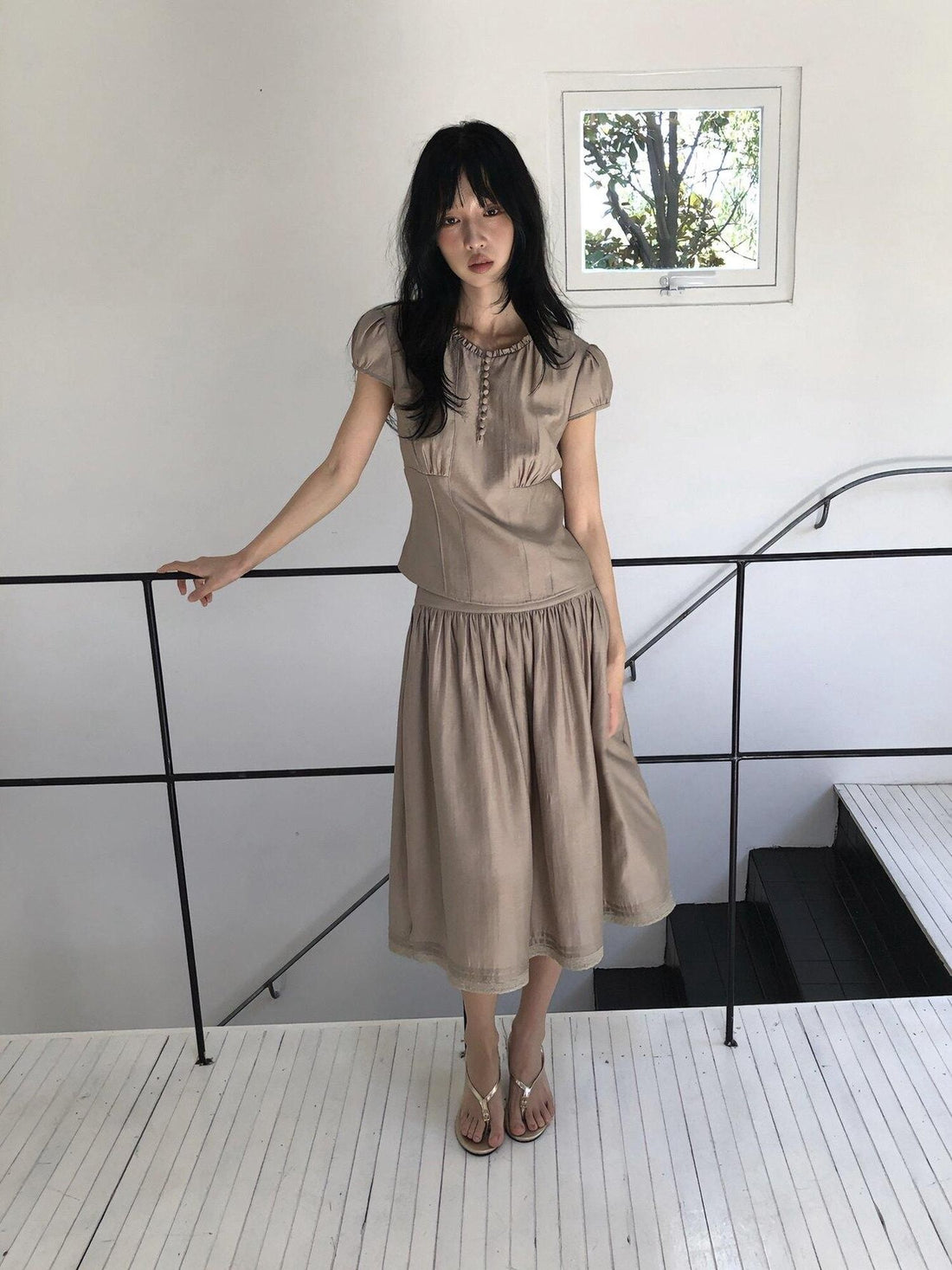 Dorydory Milk Tea Puff Sleeve Waist Cinch Round Neck Women&