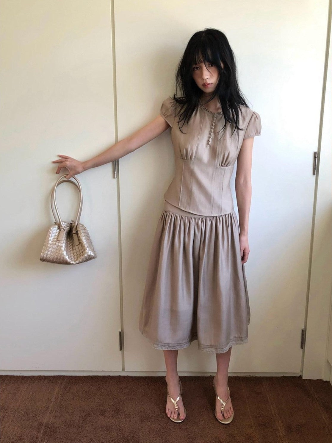 Dorydory Milk Tea Puff Sleeve Waist Cinch Round Neck Women&