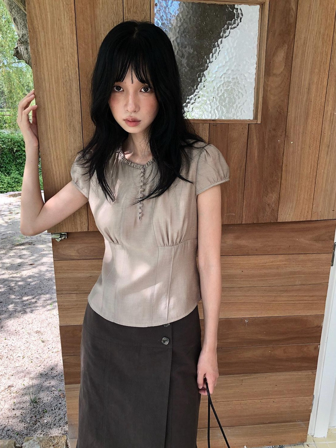 Dorydory Milk Tea Puff Sleeve Waist Cinch Round Neck Women&